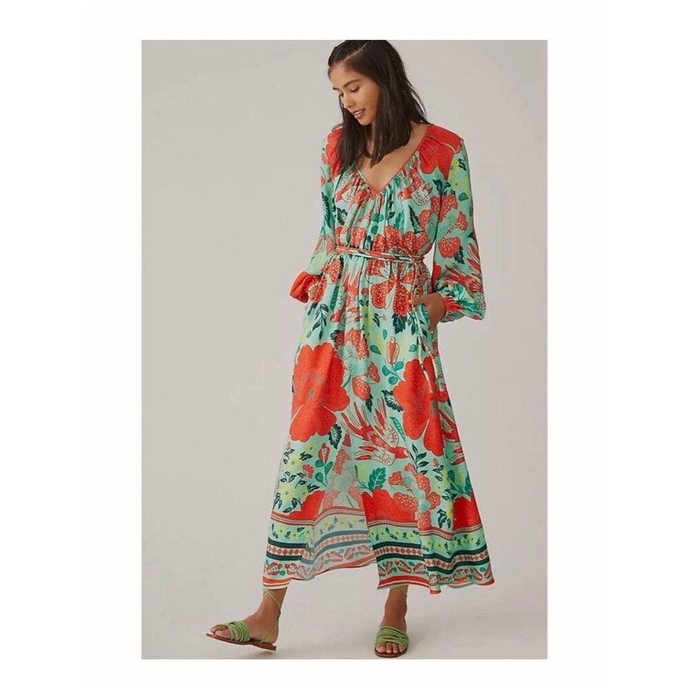 Farm Rio Green Red Poppy Print Maxi Floral Balloon Sleeve Cinched Waist BOHO